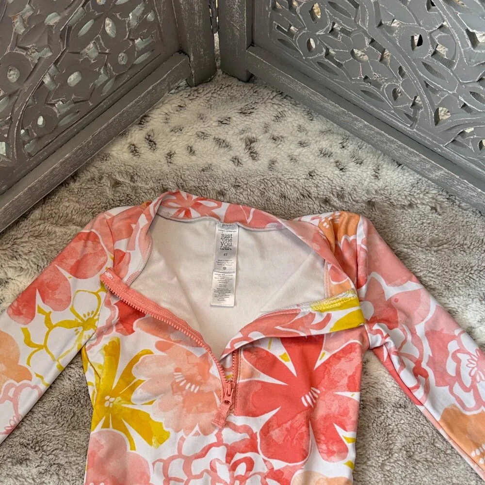 Carter's long sleeve rashguard swimsuit girls 4T Hawaiian floral tropical beach